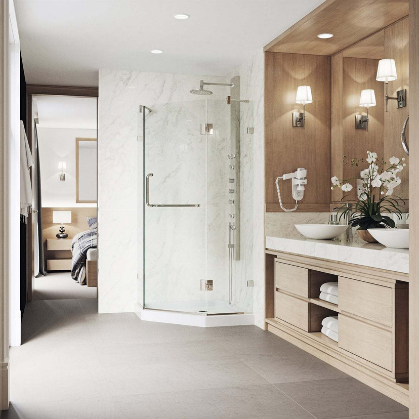 Shower door with base and magnalock technology in brushed nickel