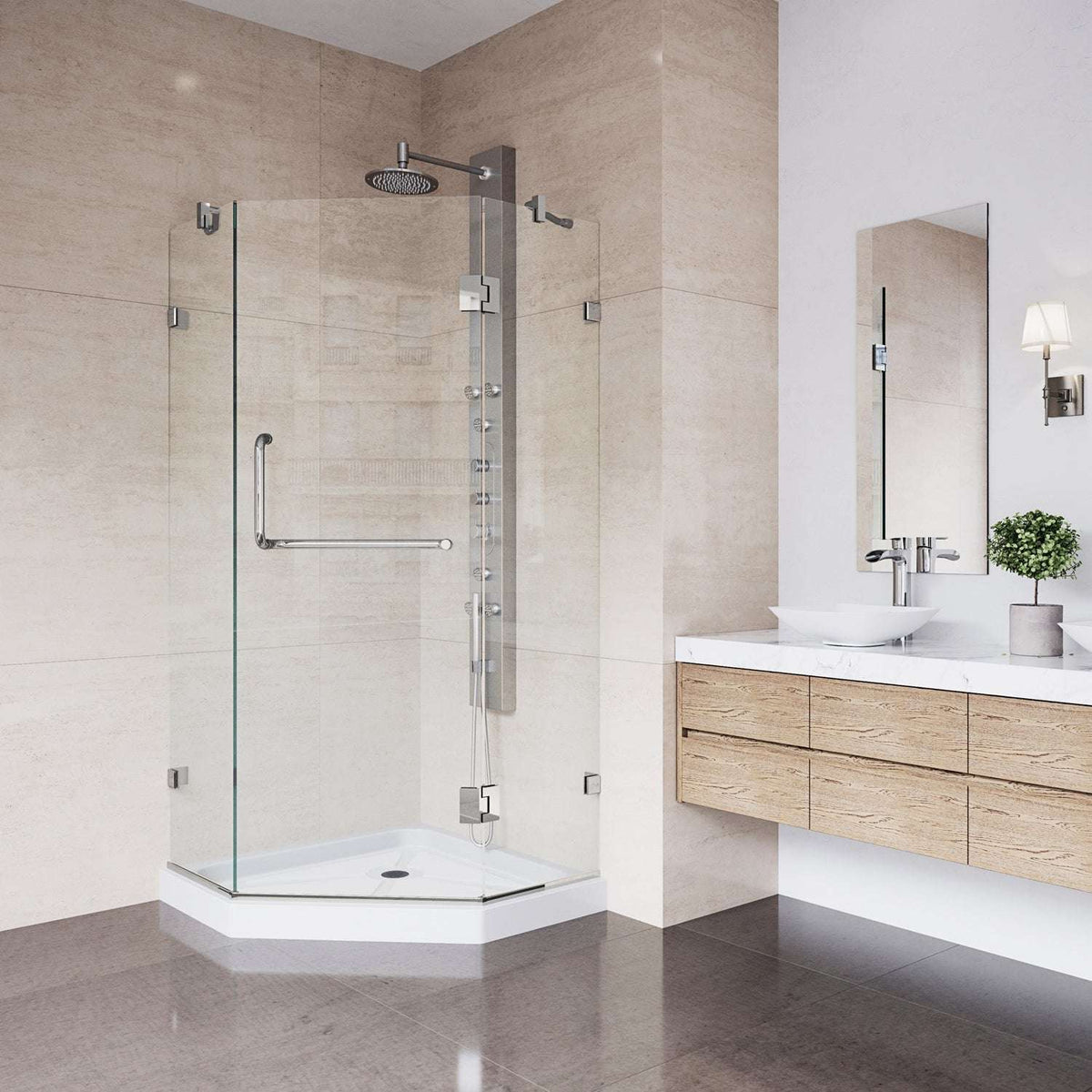 Tempered glass shower with included base and stainless steel hardware