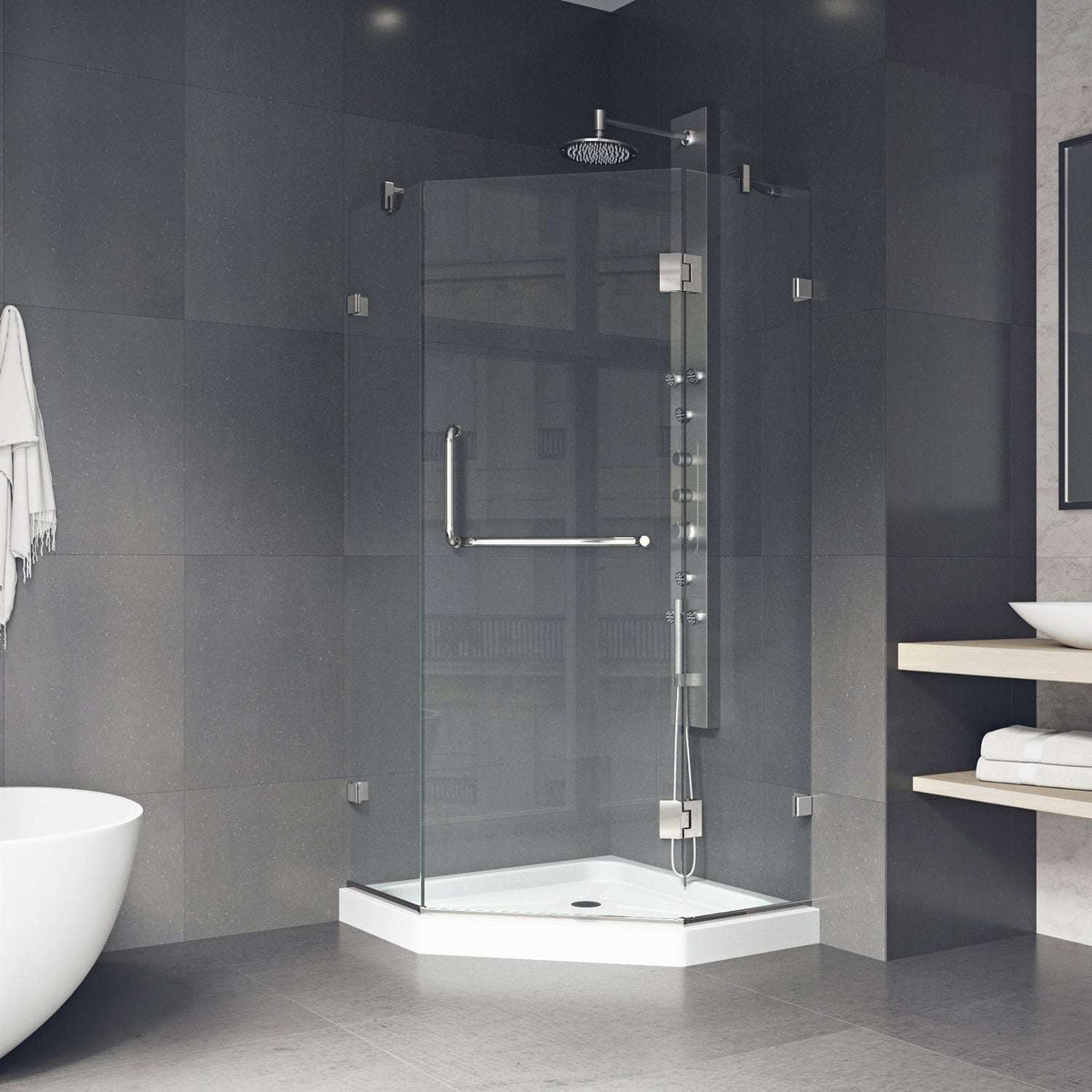 Double hinged shower enclosure with slip-resistant floor and 77-inch height