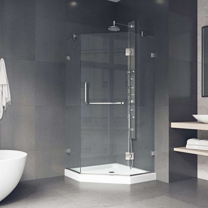 Double hinged shower enclosure with slip-resistant floor and 77-inch height