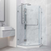Frameless shower with slip-resistant floor and tempered safety glass