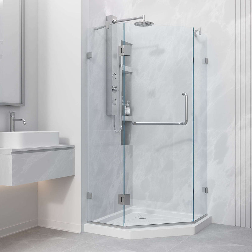 Frameless shower with slip-resistant floor and tempered safety glass