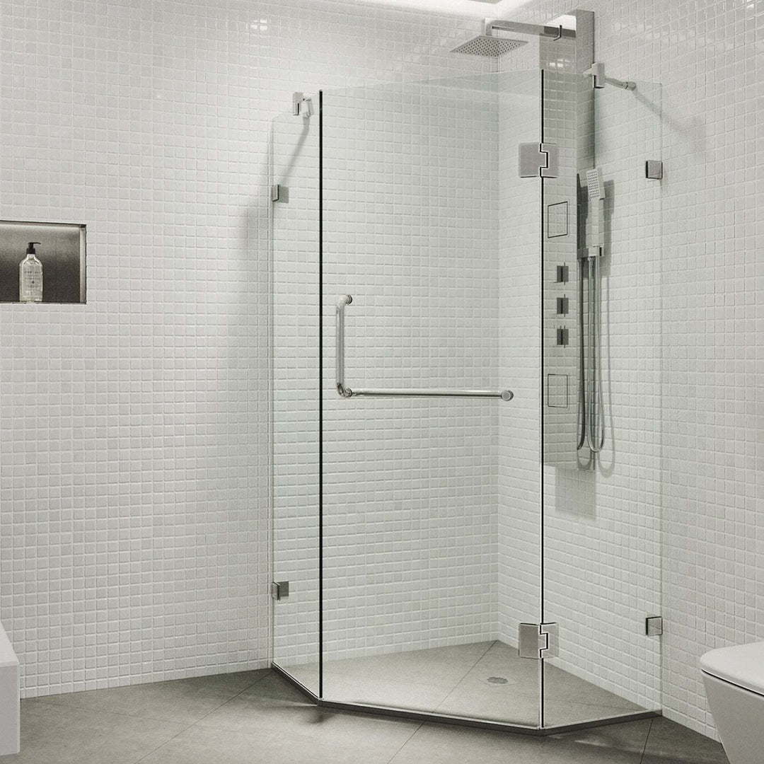 Chrome frameless shower enclosure with tempered clear glass and bar handle