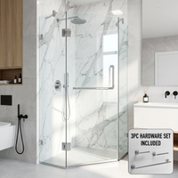 Piedmont 36 in. L x 36 in. W x 73 in. H Frameless Hinged Neo-angle Shower Enclosure and Satro 3-Piece Bath Hardware Set in Chrome