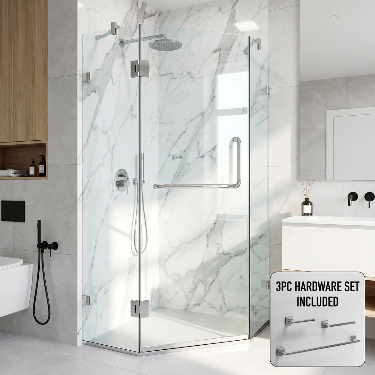 Piedmont 36 in. L x 36 in. W x 73 in. H Frameless Hinged Neo-angle Shower Enclosure and Satro 3-Piece Bath Hardware Set in Chrome
