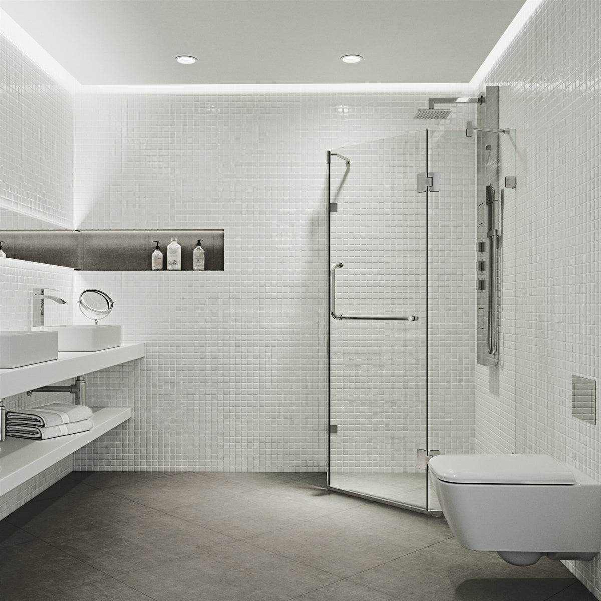 Piedmont 36 in. L x 36 in. W x 73 in. H Frameless Hinged Neo-angle Shower Enclosure and Satro 3-Piece Bath Hardware Set in Chrome