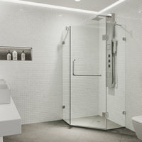 Piedmont 36 in. L x 36 in. W x 73 in. H Frameless Hinged Neo-angle Shower Enclosure and Satro 3-Piece Bath Hardware Set in Chrome