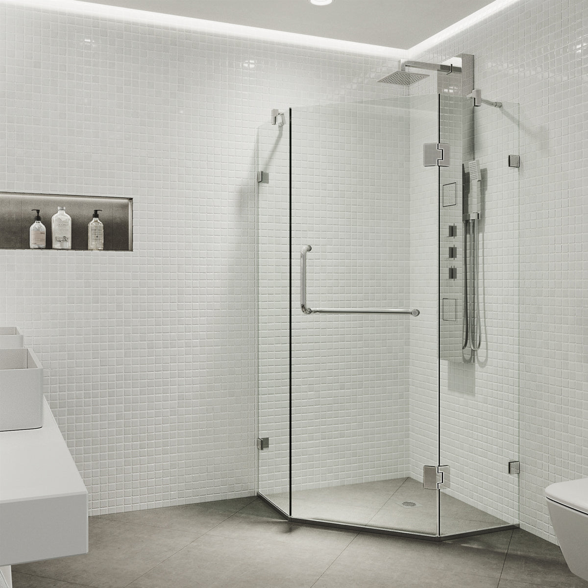 Piedmont 36 in. L x 36 in. W x 73 in. H Frameless Hinged Neo-angle Shower Enclosure and Satro 3-Piece Bath Hardware Set in Chrome