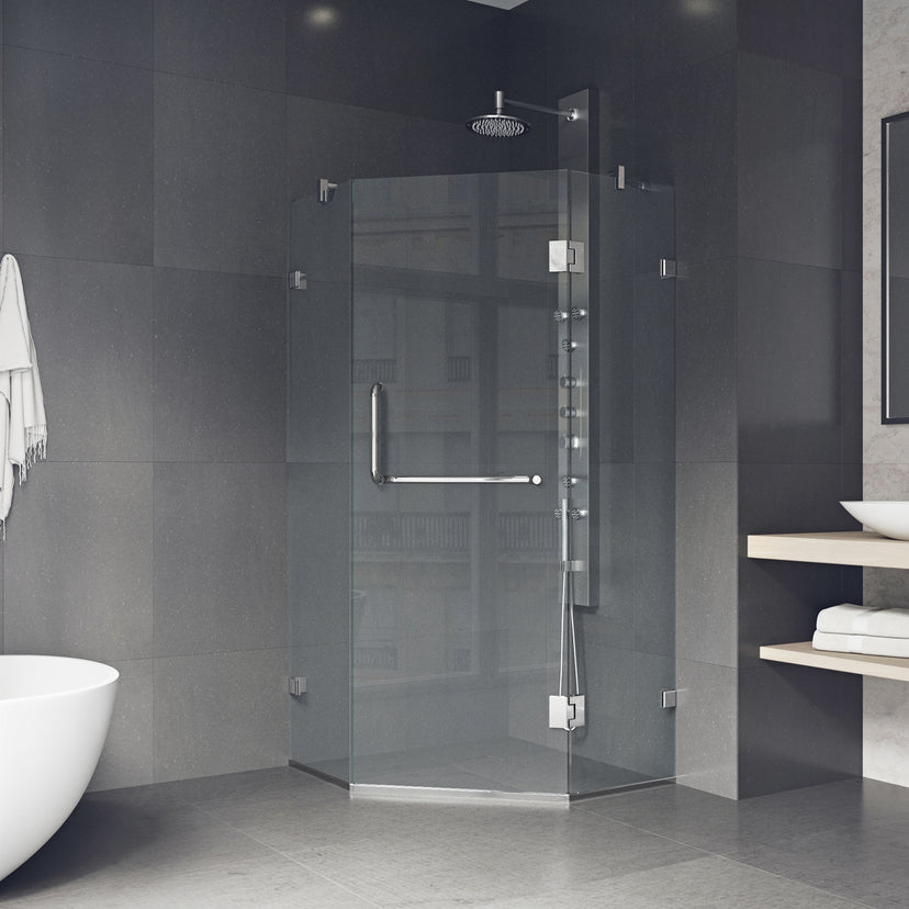 Piedmont 36 in. L x 36 in. W x 73 in. H Frameless Hinged Neo-angle Shower Enclosure and Satro 3-Piece Bath Hardware Set in Chrome