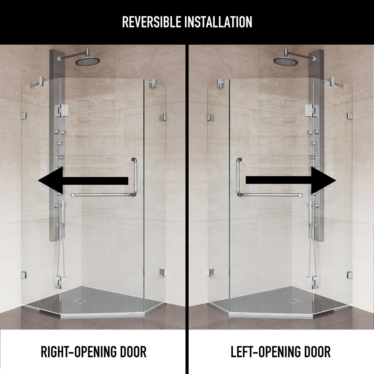 Piedmont 36 in. L x 36 in. W x 73 in. H Frameless Hinged Neo-angle Shower Enclosure and Satro 3-Piece Bath Hardware Set in Chrome