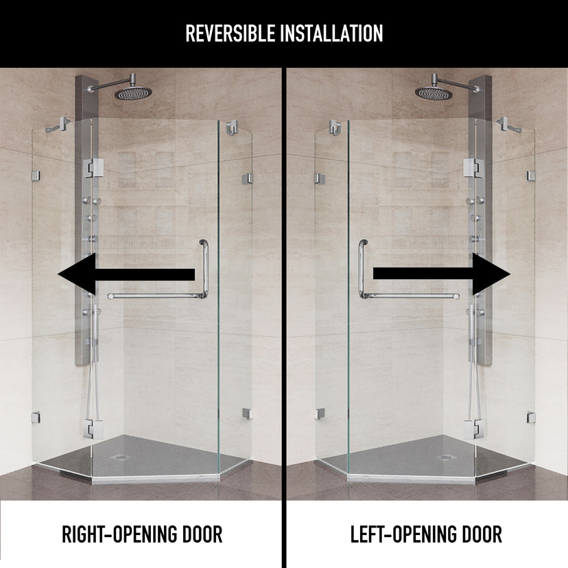 Piedmont 36 in. L x 36 in. W x 73 in. H Frameless Hinged Neo-angle Shower Enclosure and Satro 3-Piece Bath Hardware Set in Chrome