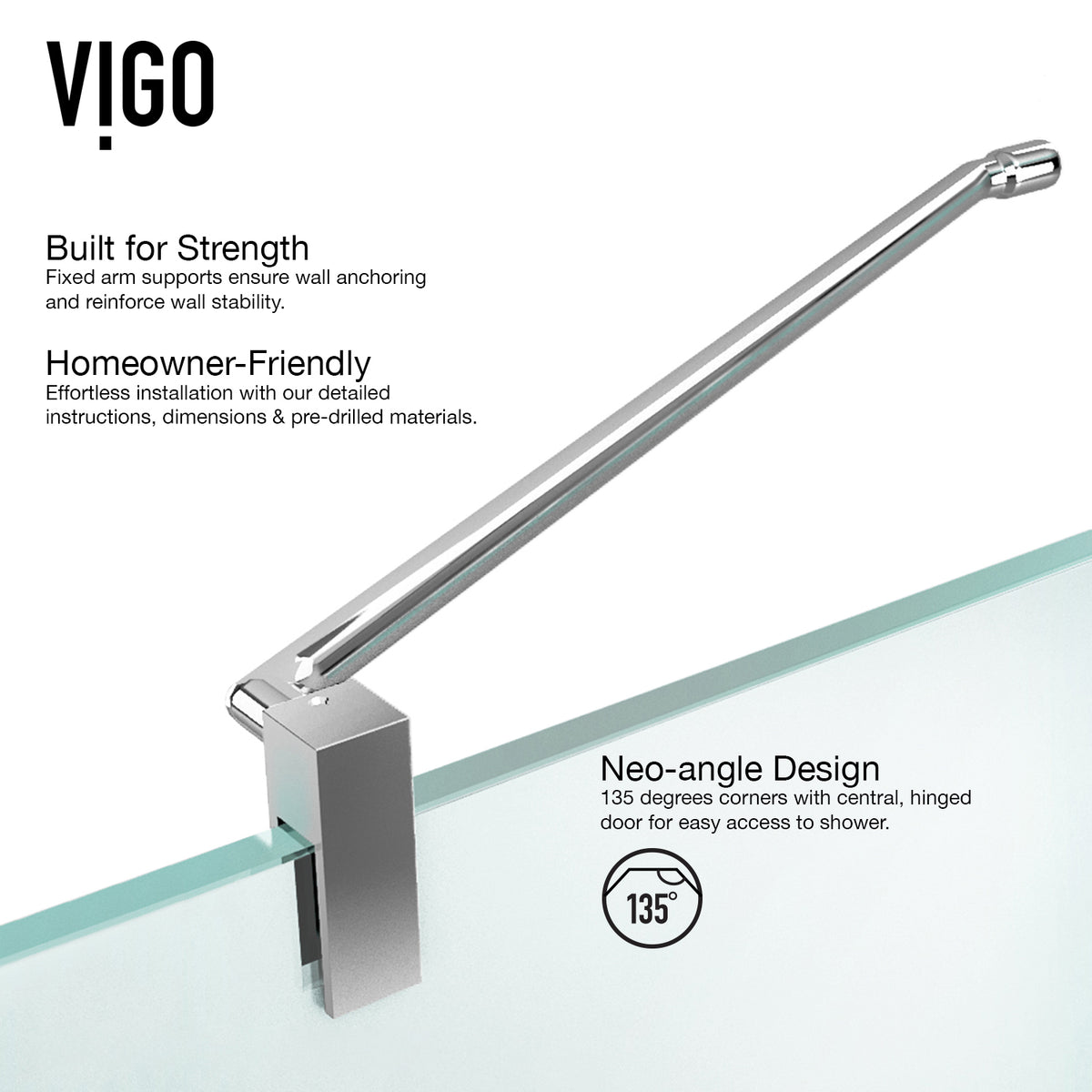 Piedmont 36 in. L x 36 in. W x 73 in. H Frameless Hinged Neo-angle Shower Enclosure and Satro 3-Piece Bath Hardware Set in Chrome
