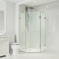 Piedmont 36 in. L x 36 in. W x 73 in. H Frameless Hinged Neo-angle Shower Enclosure and Satro 3-Piece Bath Hardware Set in Chrome