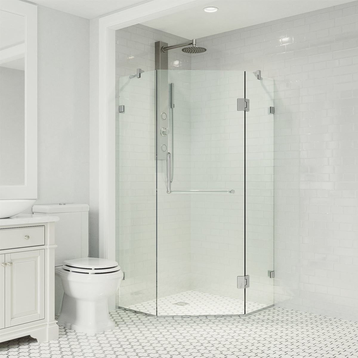 Piedmont 36 in. L x 36 in. W x 73 in. H Frameless Hinged Neo-angle Shower Enclosure and Satro 3-Piece Bath Hardware Set in Chrome