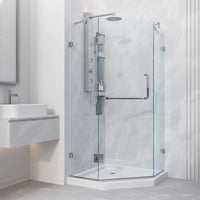 Frameless shower with slip-resistant floor and tempered safety glass