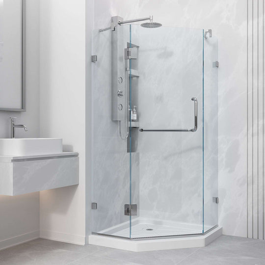 Frameless shower with slip-resistant floor and tempered safety glass