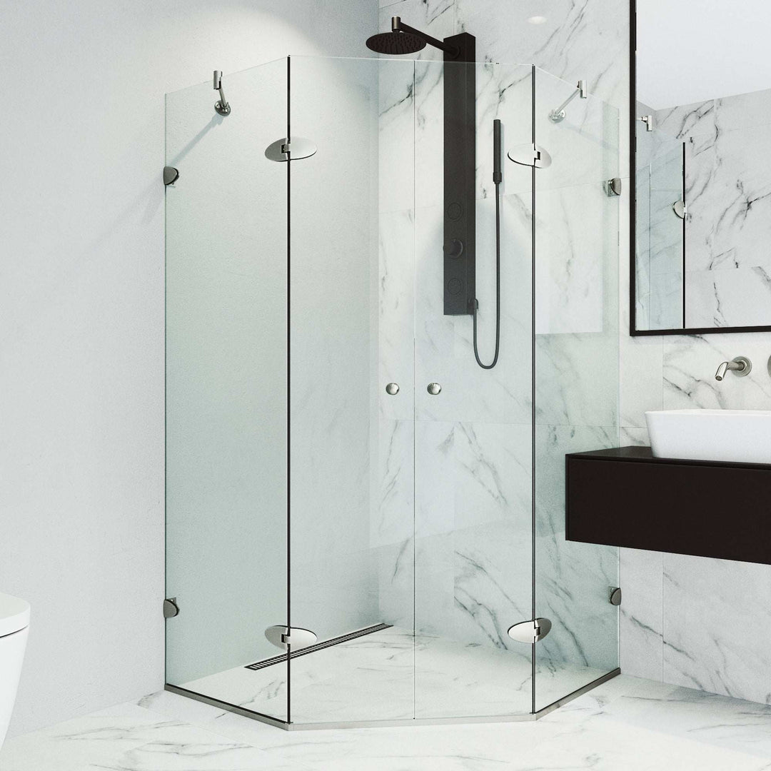 Brushed nickel frameless shower enclosure with tempered glass and knob handle