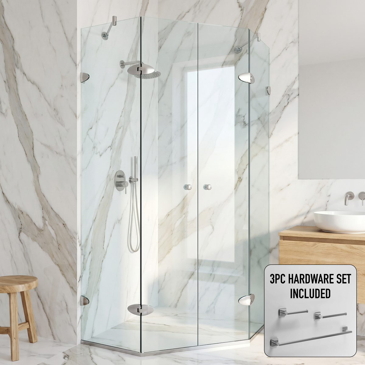 Gemini 45 in. L x 45 in. W x 73 in. H Frameless Hinged Neo-angle Shower Enclosure and Satro 3-Piece Bath Hardware Set in Brushed Nickel