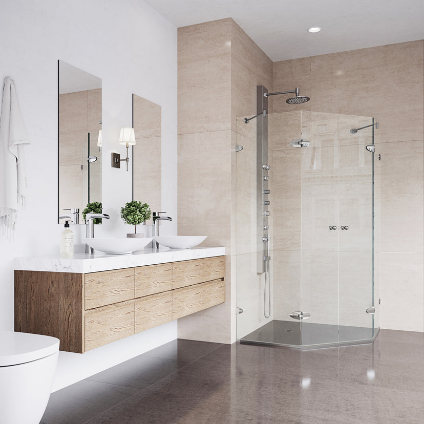 Gemini 45 in. L x 45 in. W x 73 in. H Frameless Hinged Neo-angle Shower Enclosure and Satro 3-Piece Bath Hardware Set in Brushed Nickel