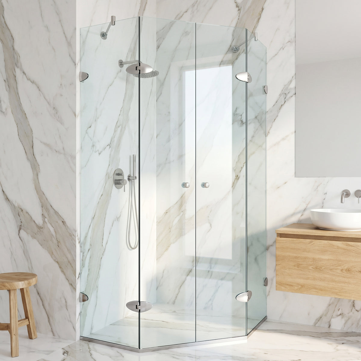 Gemini 45 in. L x 45 in. W x 73 in. H Frameless Hinged Neo-angle Shower Enclosure and Satro 3-Piece Bath Hardware Set in Brushed Nickel