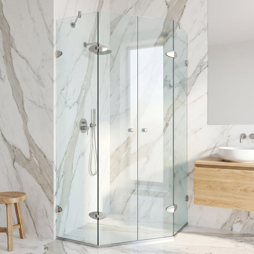 Gemini 45 in. L x 45 in. W x 73 in. H Frameless Hinged Neo-angle Shower Enclosure and Satro 3-Piece Bath Hardware Set in Brushed Nickel