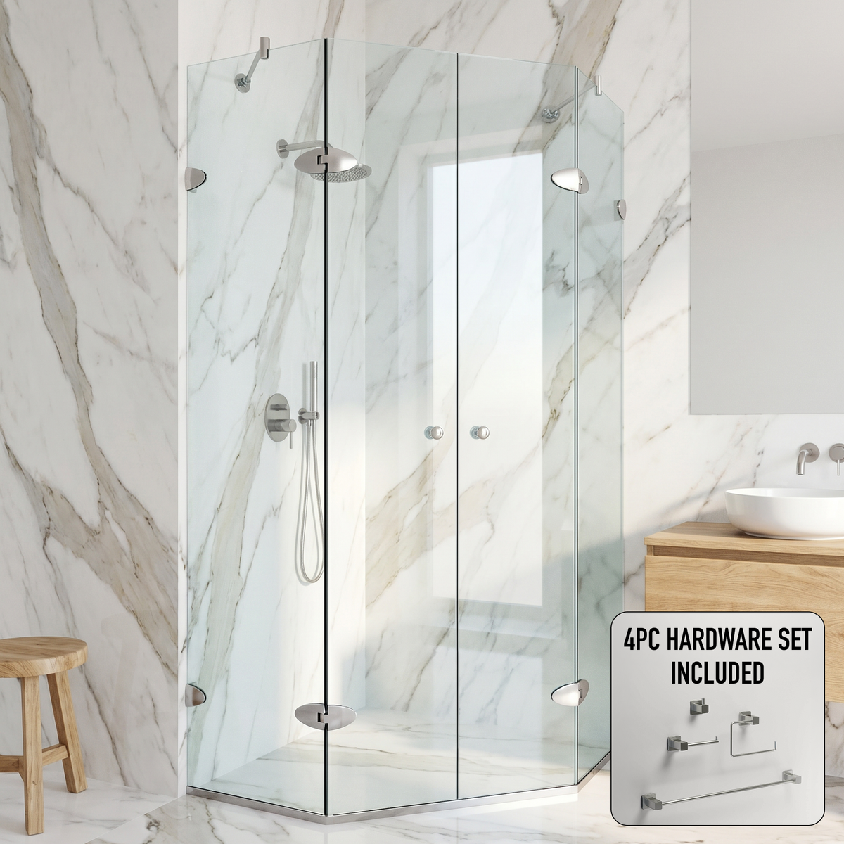 Gemini 45 in. L x 45 in. W x 73 in. H Frameless Hinged Neo-angle Shower Enclosure and Meridian 4-Piece Bath Hardware Set in Brushed Nickel