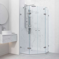 Frameless shower with brushed nickel finish and included mounting materials