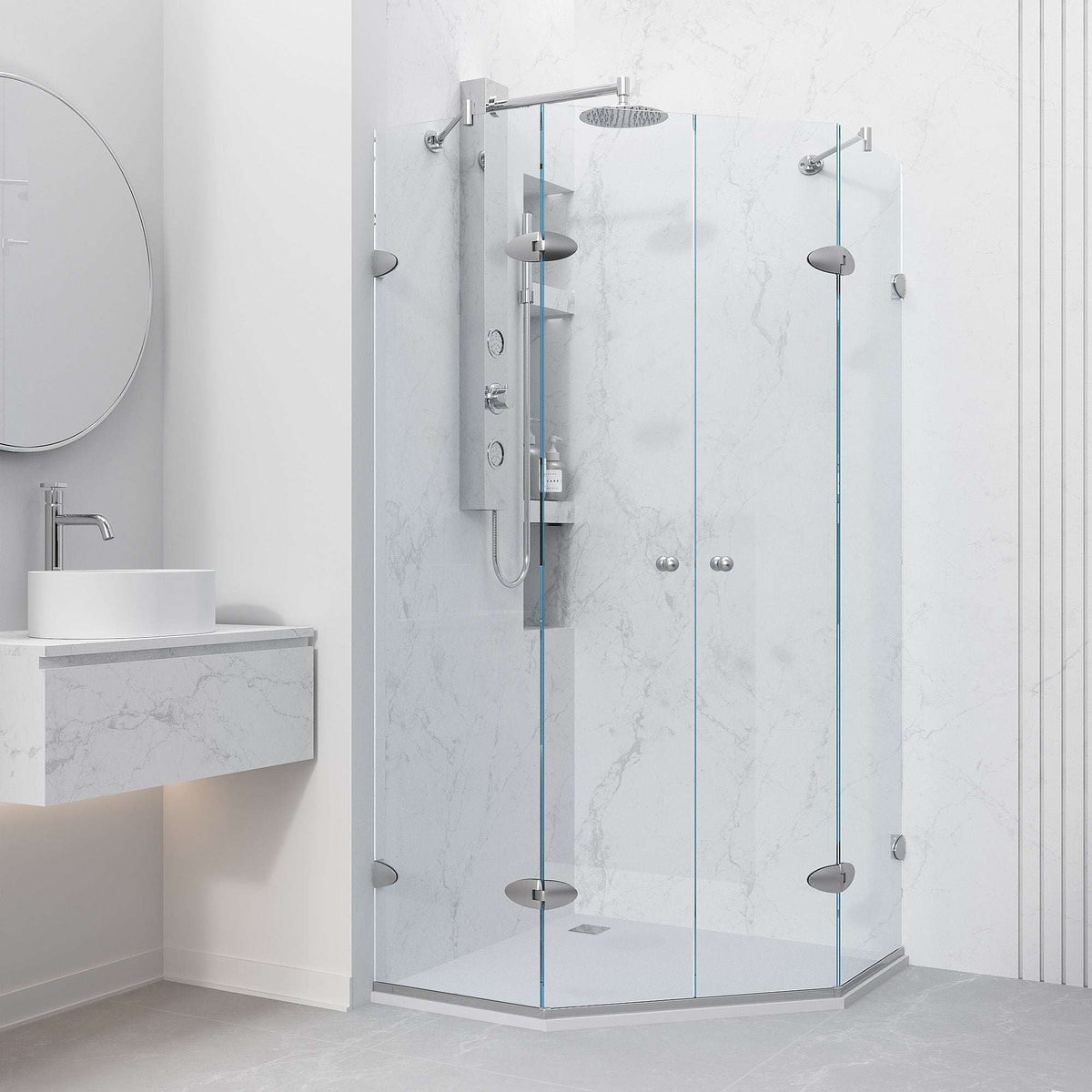 Frameless shower with brushed nickel finish and included mounting materials