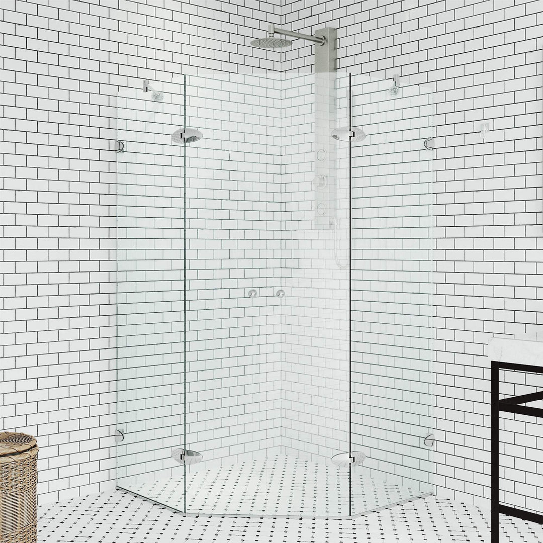 Chrome frameless shower enclosure with tempered glass and knob handle