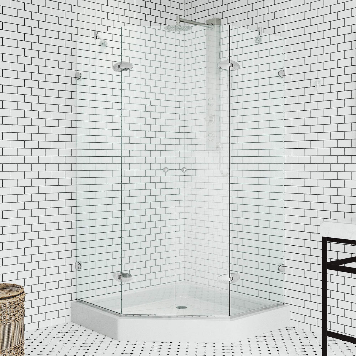 Chrome shower enclosure with base and tempered glass