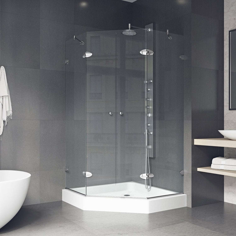 Neo-angle shower door with base included and cool touch exterior
