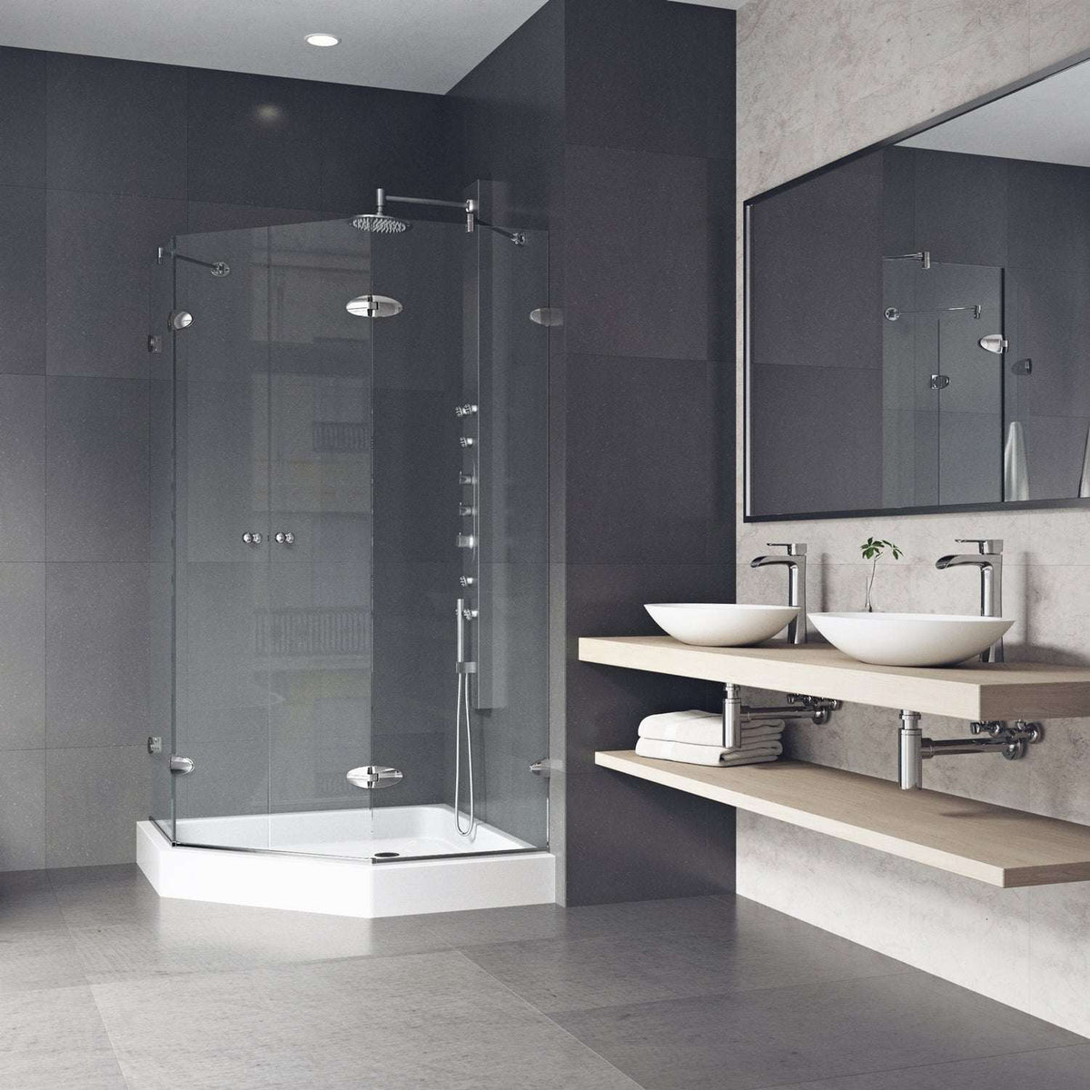 Frameless shower enclosure with chrome finish and included base