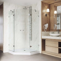Neo-angle shower door with base and cool touch exterior