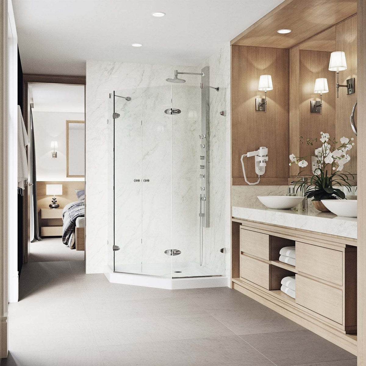 Frameless shower enclosure with chrome finish and included base