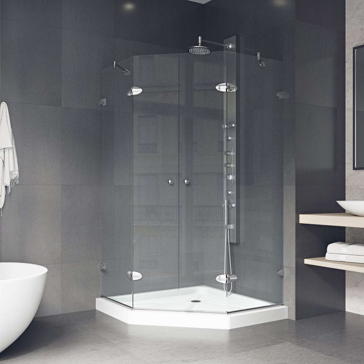 Modern shower enclosure with chrome frame and slip-resistant floor