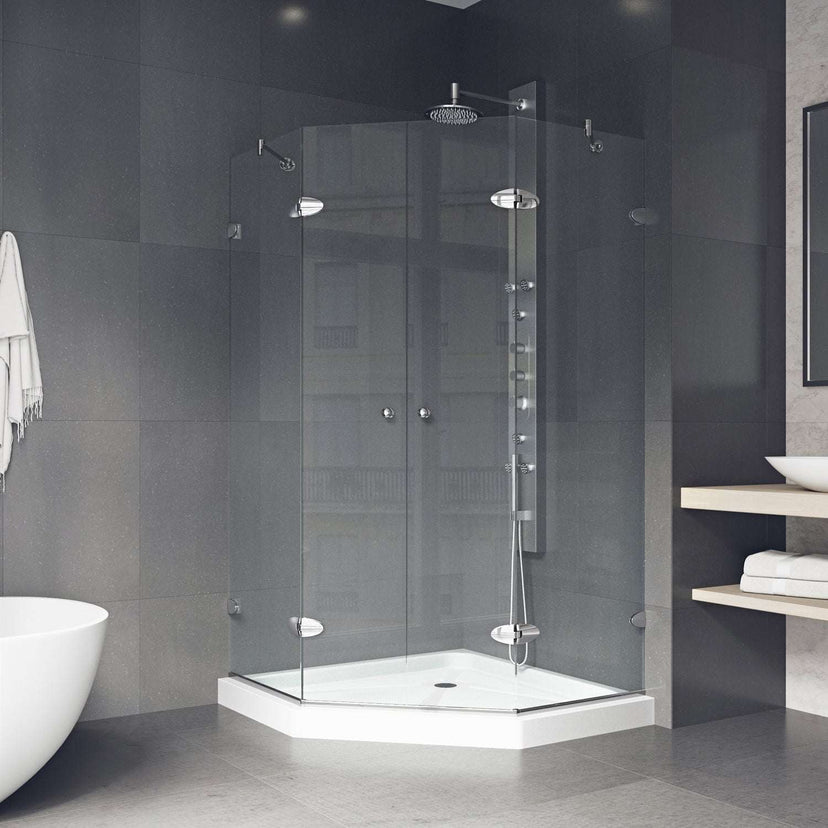 Modern shower enclosure with chrome frame and slip-resistant floor