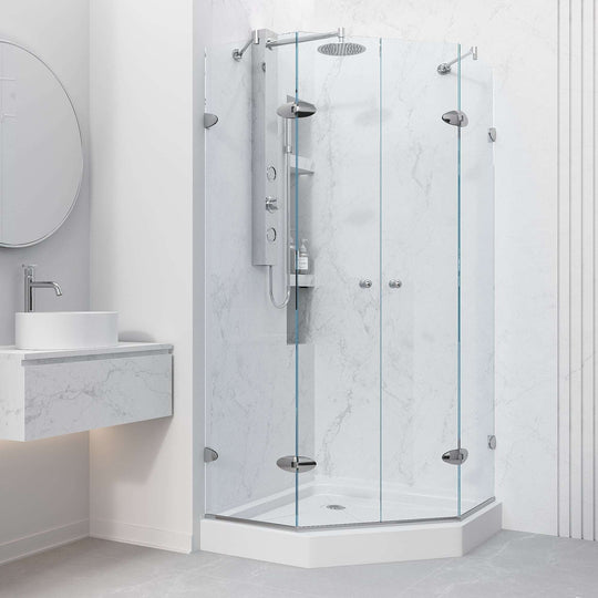 Modern contemporary shower door with base and chrome trim