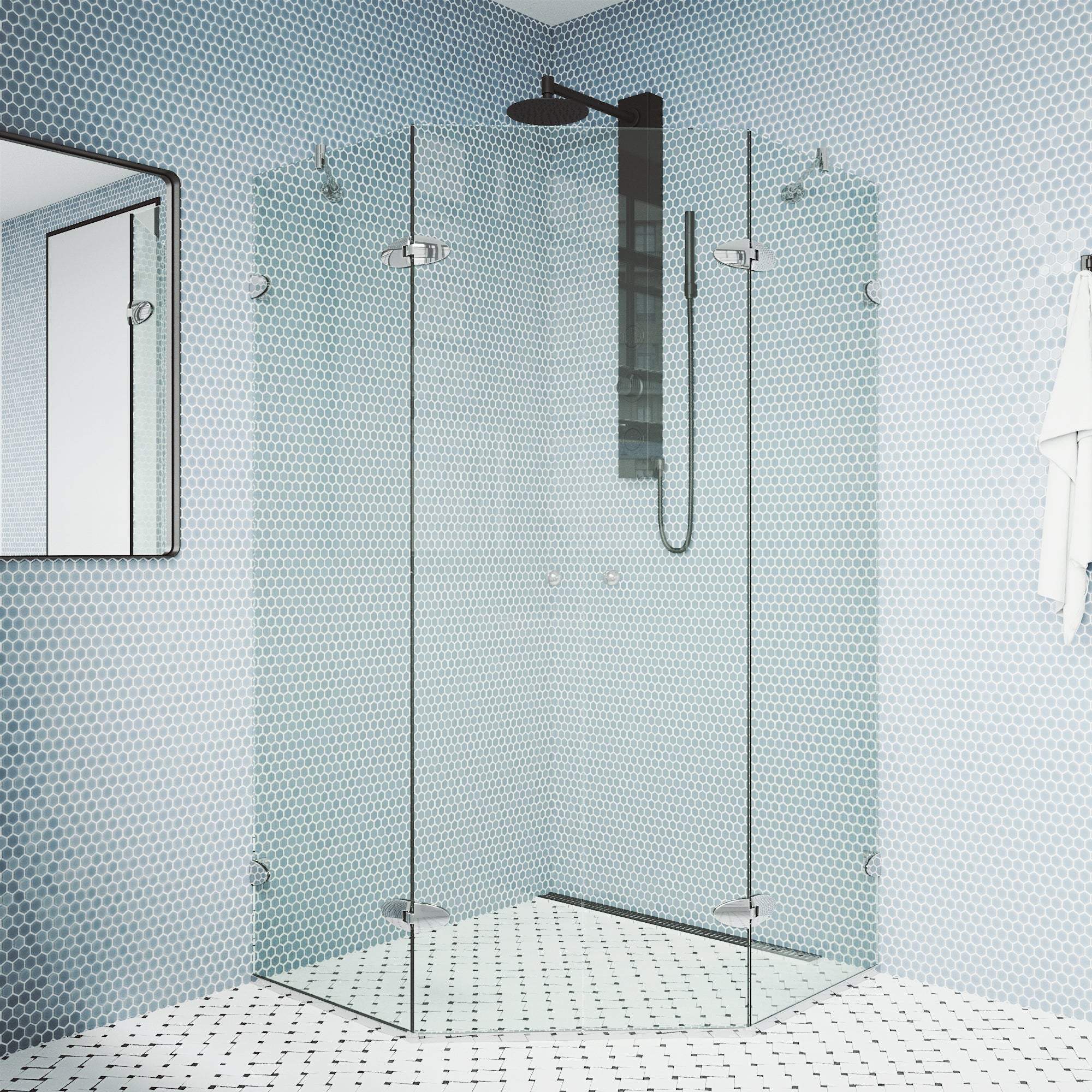 Modern neo-angle shower door with cool touch exterior and reversible installation