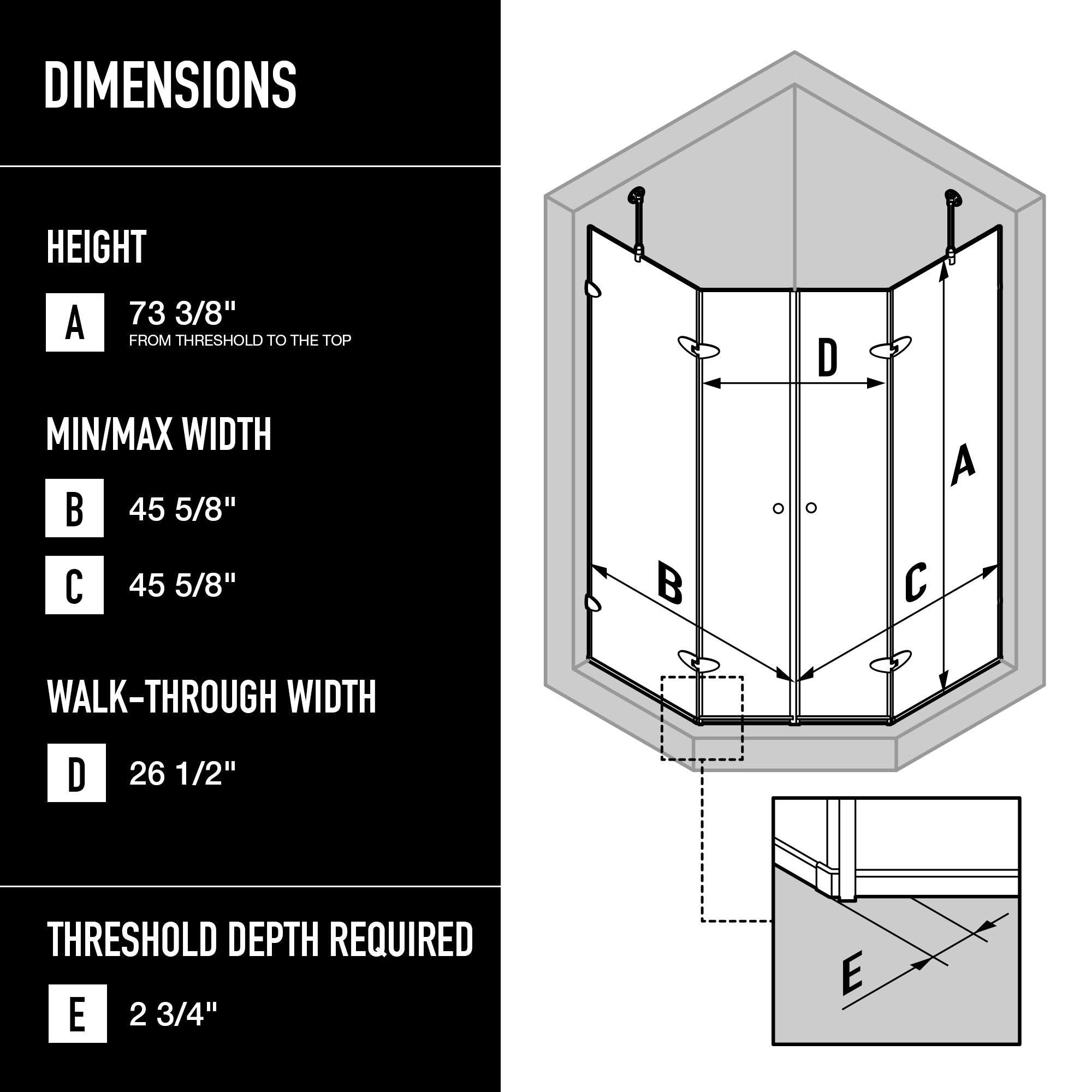 Frameless shower enclosure with chrome finish and double hinged door