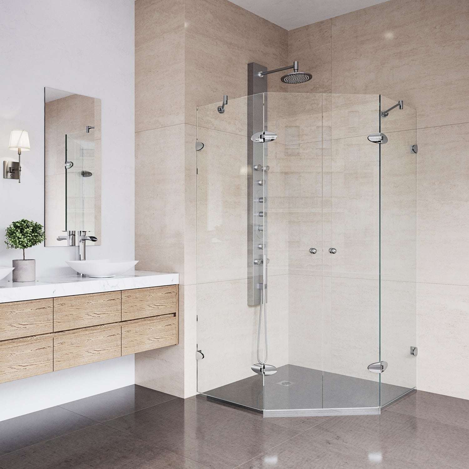 Clear glass shower enclosure with left or right handle position and chrome trim