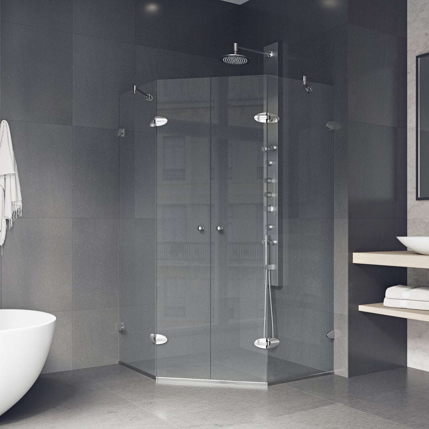 Neo-angle shower enclosure featuring cool touch exterior and tempered glass