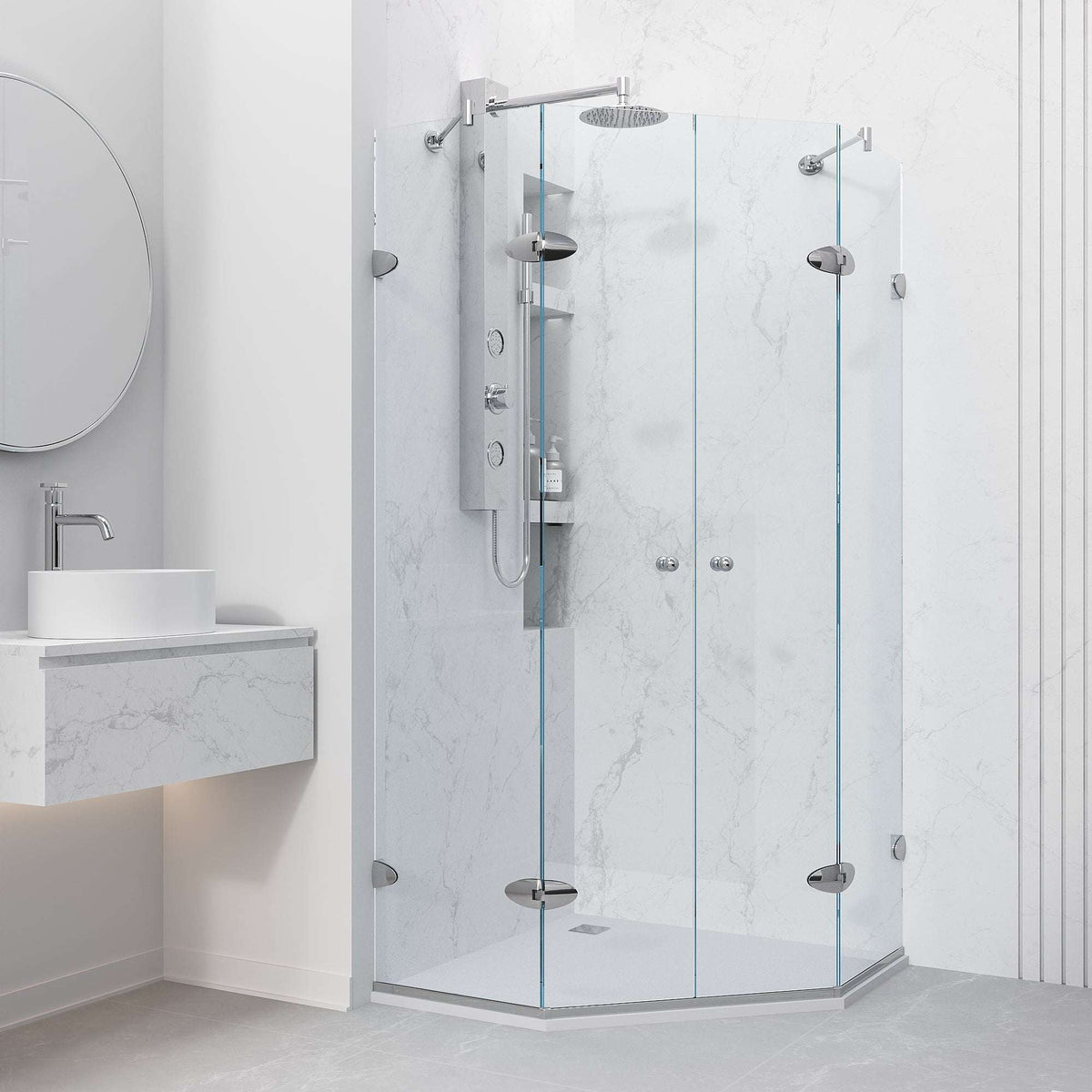 Chrome frameless shower enclosure with tempered glass and knob handle