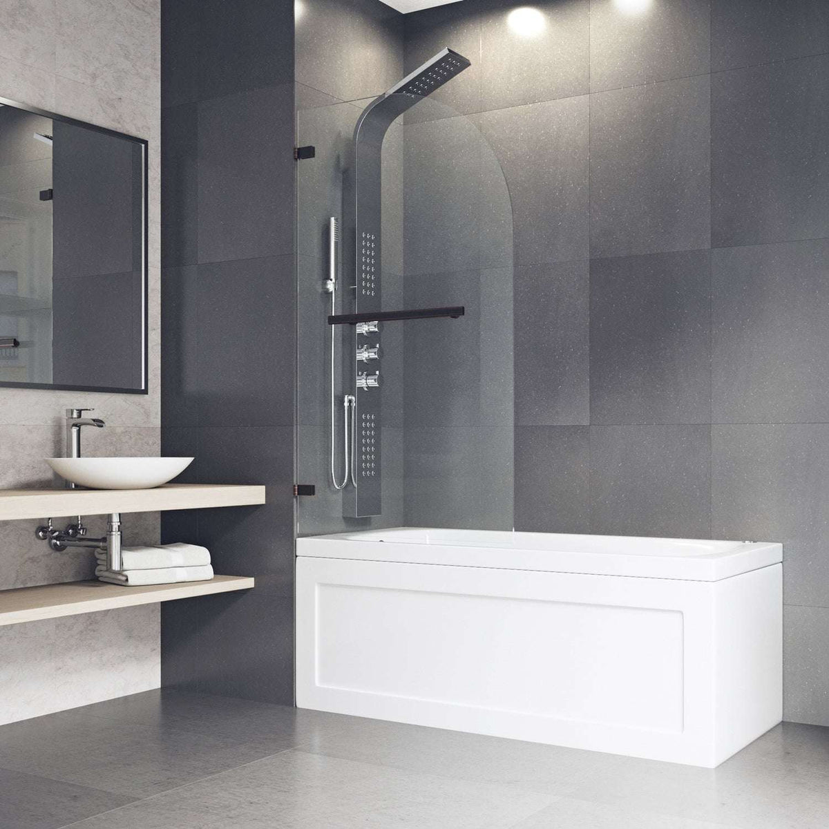 Stainless steel hardware tub door with antique rubbed bronze frame and tempered glass