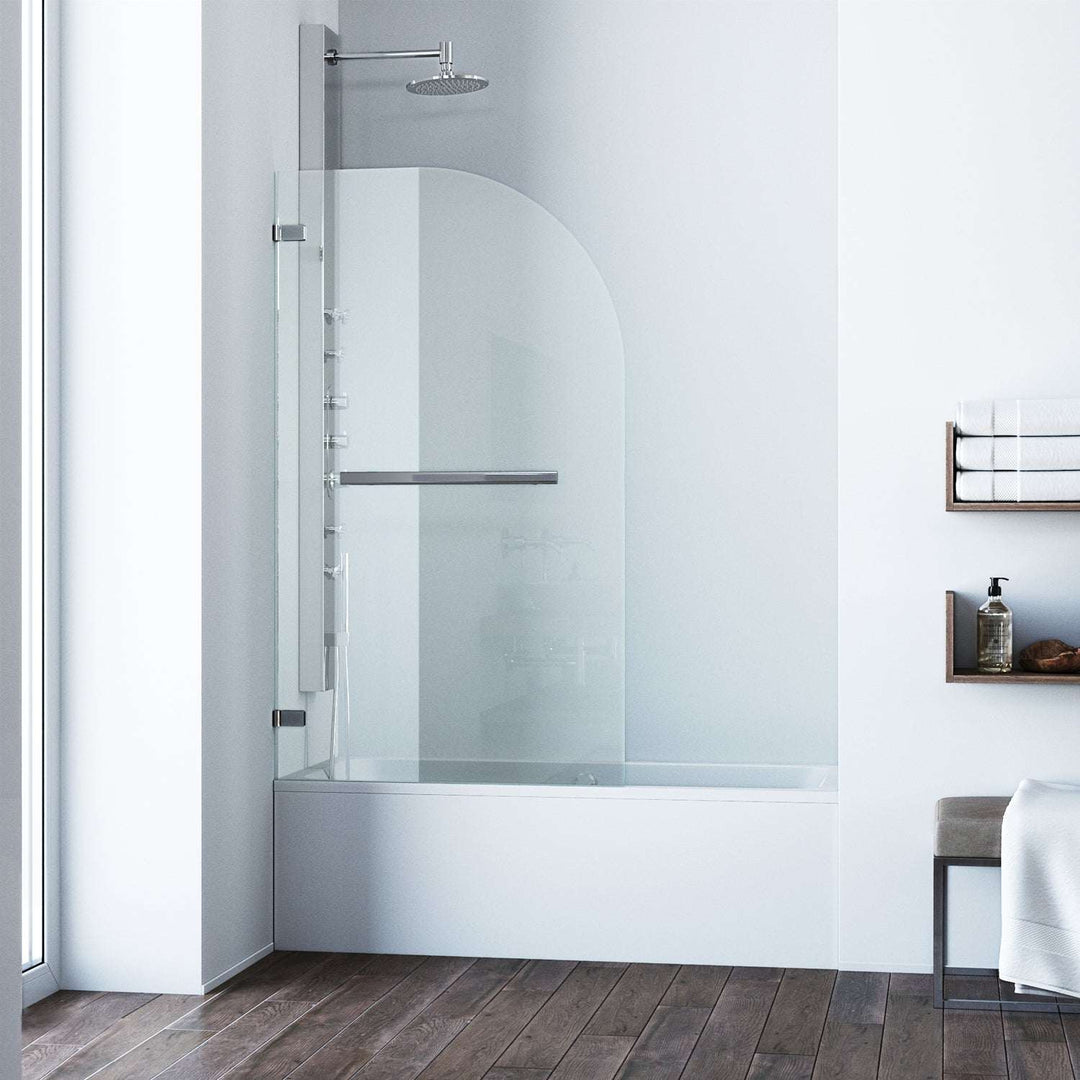 Chrome frameless tub door with clear tempered glass and bar handle