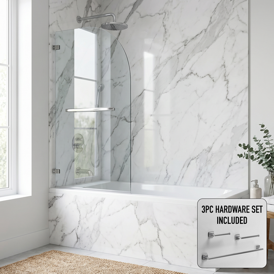 Orion 34 in. W x 58 in. H Frameless Hinged Tub Door and Satro 3-Piece Bath Hardware Set in Chrome