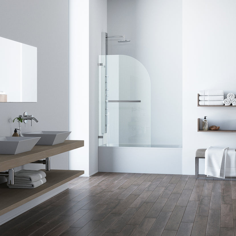 Orion 34 in. W x 58 in. H Hinged Frameless Tub Door in Chrome with 5/16 in. (8mm) Clear Glass and Meridian 4-Piece Bath Hardware Set