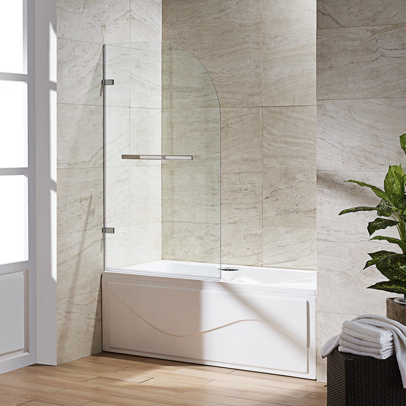 Orion 34 in. W x 58 in. H Hinged Frameless Tub Door in Chrome with 5/16 in. (8mm) Clear Glass and Meridian 4-Piece Bath Hardware Set