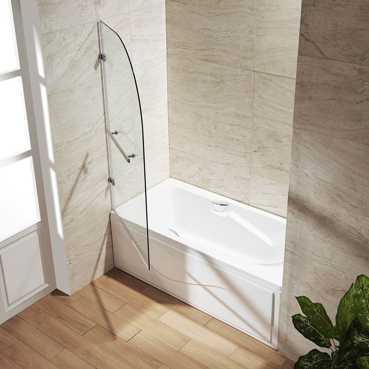 Orion 34 in. W x 58 in. H Hinged Frameless Tub Door in Chrome with 5/16 in. (8mm) Clear Glass and Cass 3-Piece Bath Hardware Set