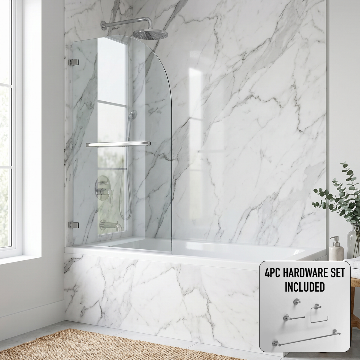 Orion 34 in. W x 58 in. H Hinged Frameless Tub Door in Chrome with 5/16 in. (8mm) Clear Glass and Cass 4-Piece Bath Hardware Set