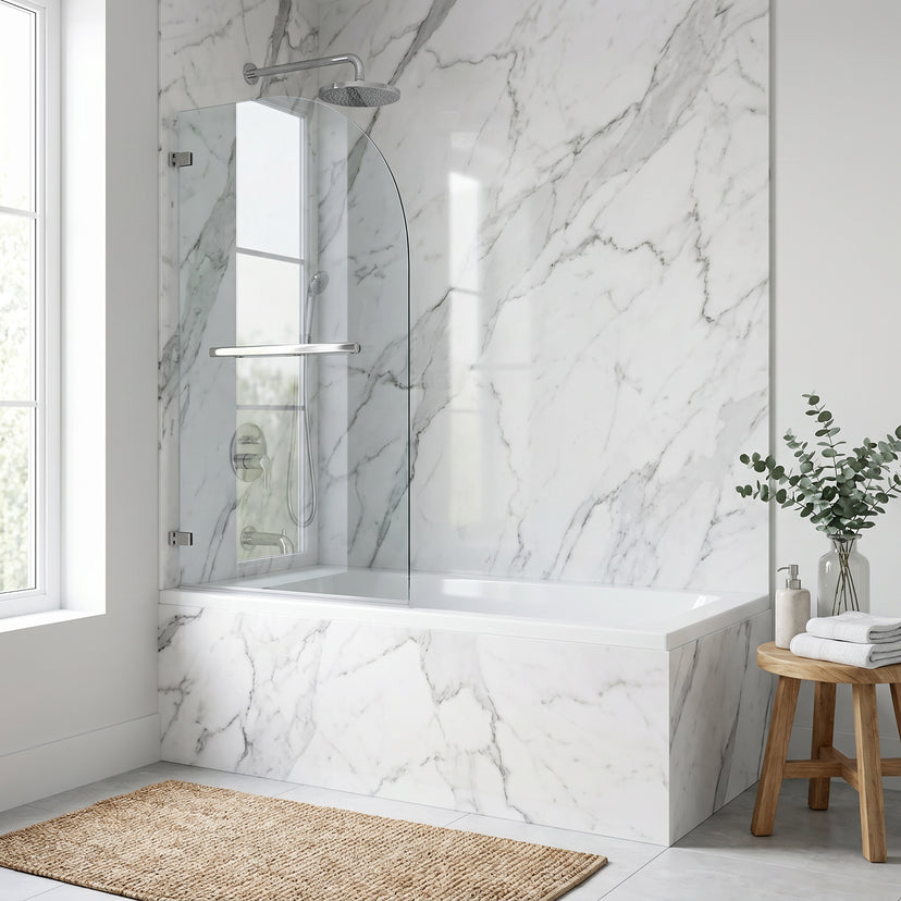 Orion 34 in. W x 58 in. H Hinged Frameless Tub Door in Chrome with 5/16 in. (8mm) Clear Glass and Cass 4-Piece Bath Hardware Set